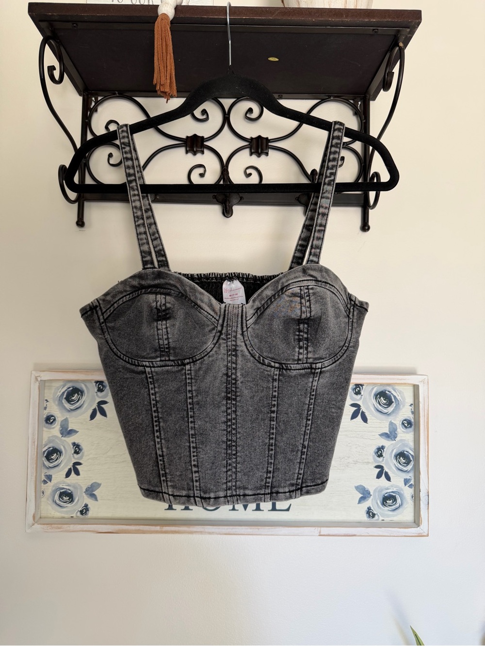 Gray Washed Denim Bustier Crop Top Smocked